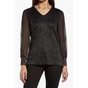 Ming Wang Black Gold Shimmer Sweater Sheer Sleeve Elegant V-Neck Womens XL